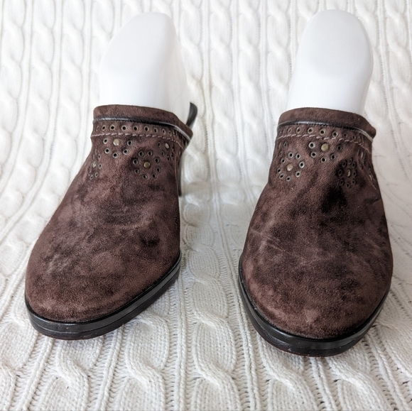 Cole Haan Leather Mules Slip On Heels Shoes 9 Brown Studded‎ Grommets - Picture 4 of 14
